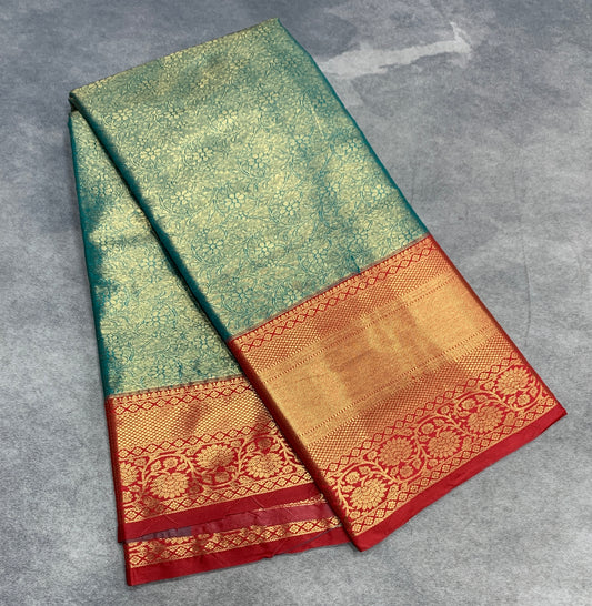 Fancy Tissue Saree Light Green Colour with Red Colour Floral Design Border