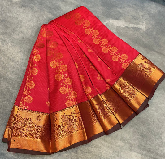 Vegan Silk Saree Red Colour Saree with Copper Border