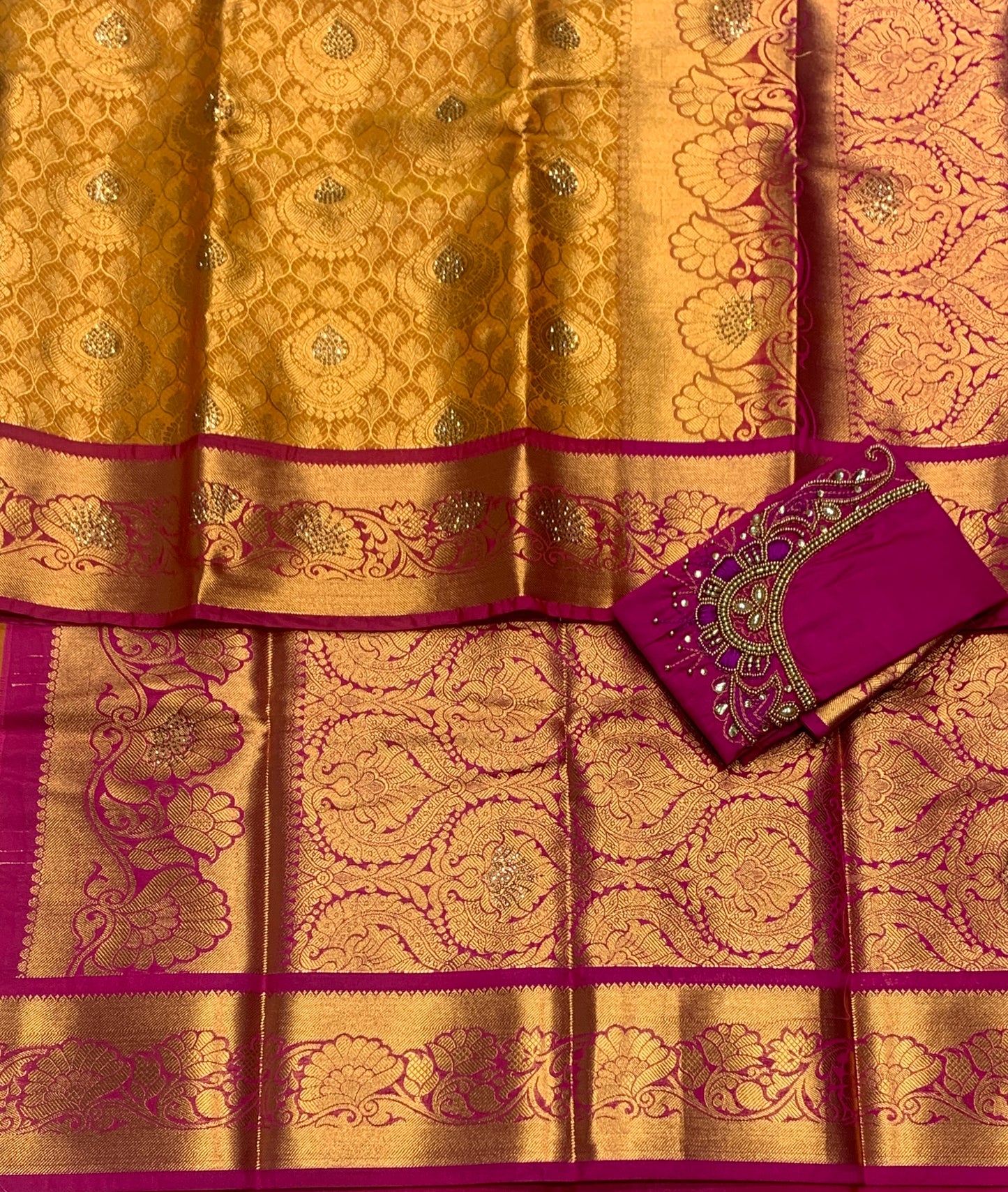 Bridal Vegan Silk Saree Golden Yellow shade with Pink Border with Unstitched blouse in Aari Work