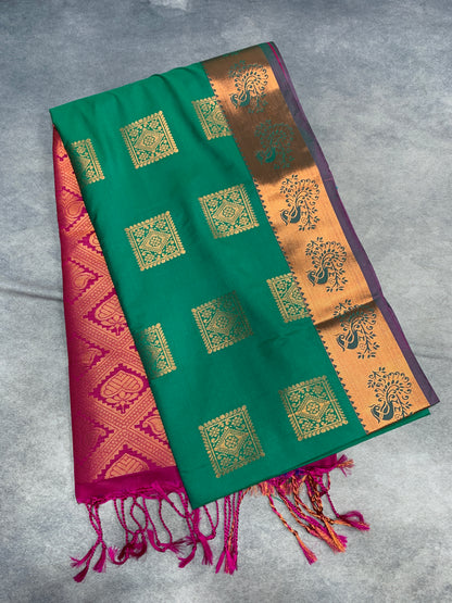 Soft Vegan Silk Saree Light Green Colour with Pink and Copper Border