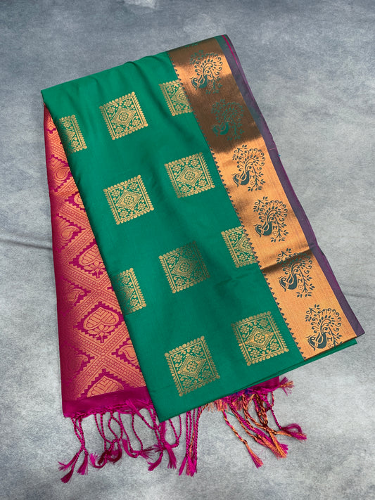 Soft Vegan Silk Saree Light Green Colour with Pink and Copper Border