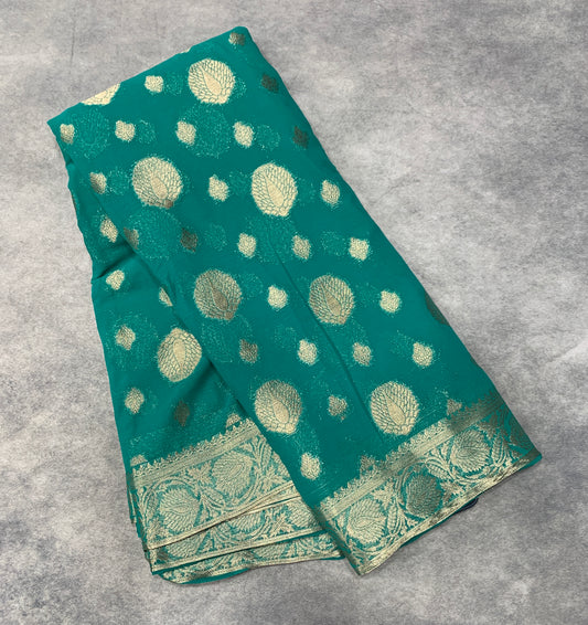 Georgette Saree Rama Green Colour with Sliver Floral Design Border