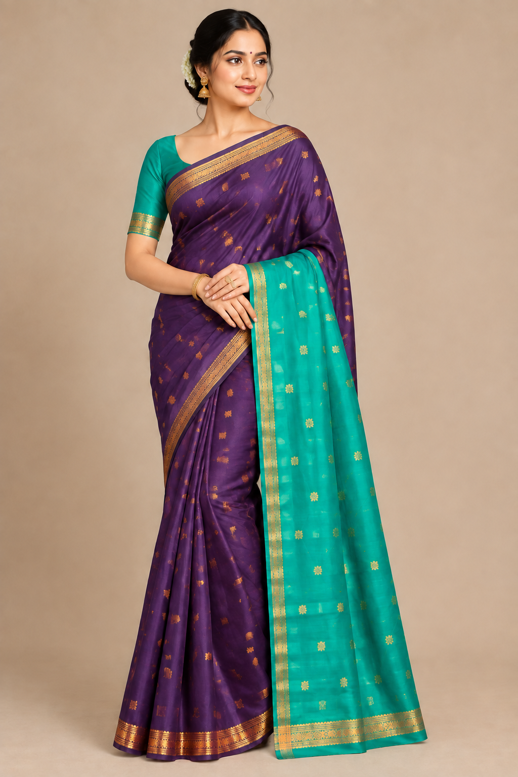 Dark Magenta Colour Silk Cotton Saree with Copper Zari Border
