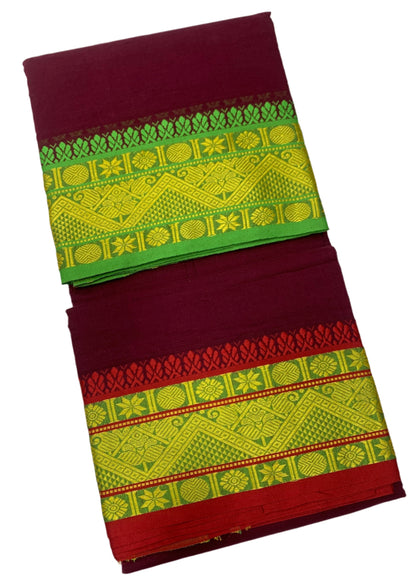 9X5 Cotton Dhoti Brown Colour with Light Green and Red Border