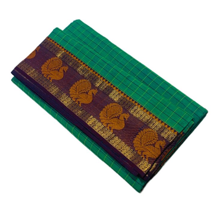 9 yards Cotton Saree Rama Green with Purple Border