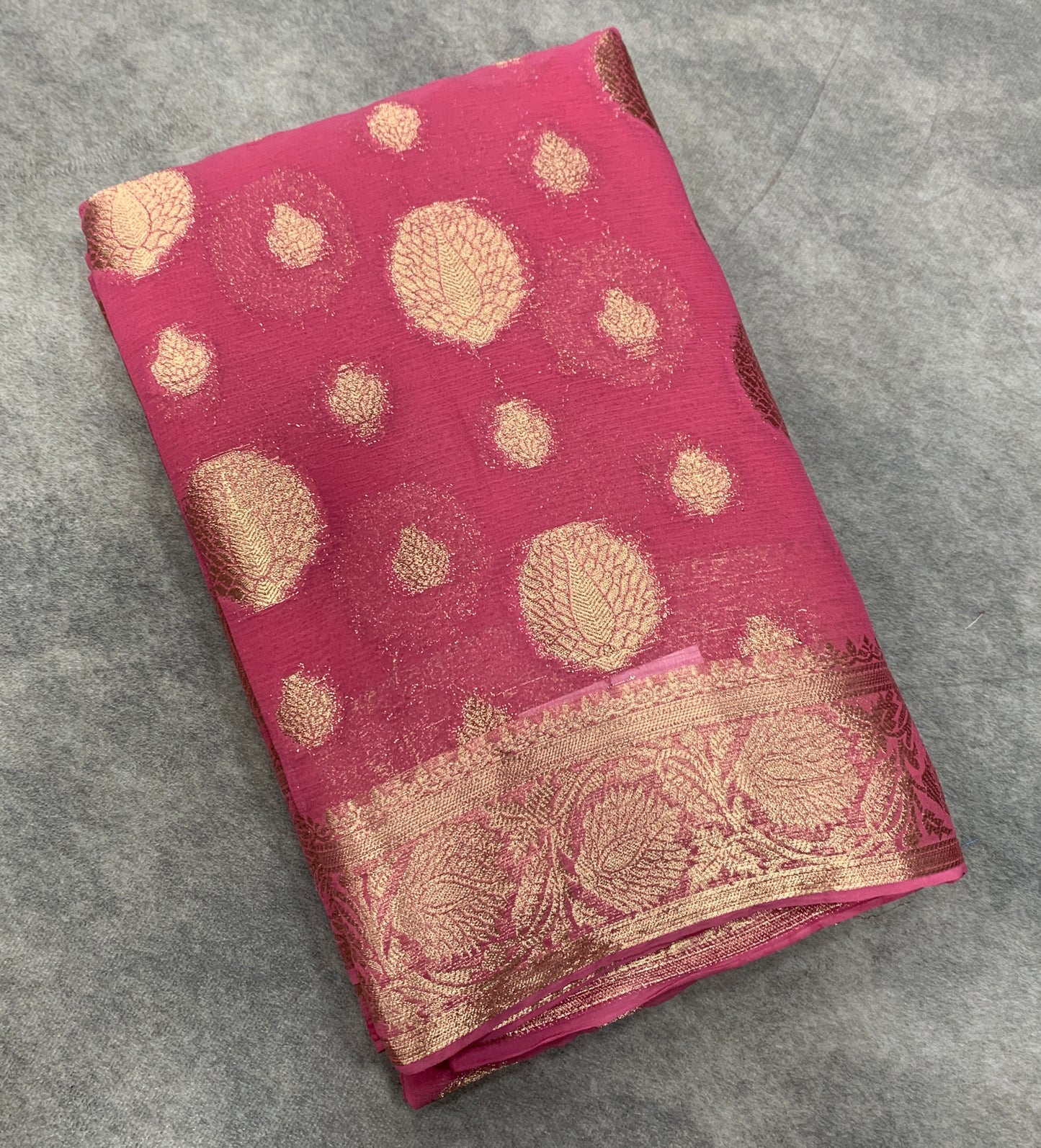 Georgette Saree Tomato Pink Colour with Sliver Floral Design Border