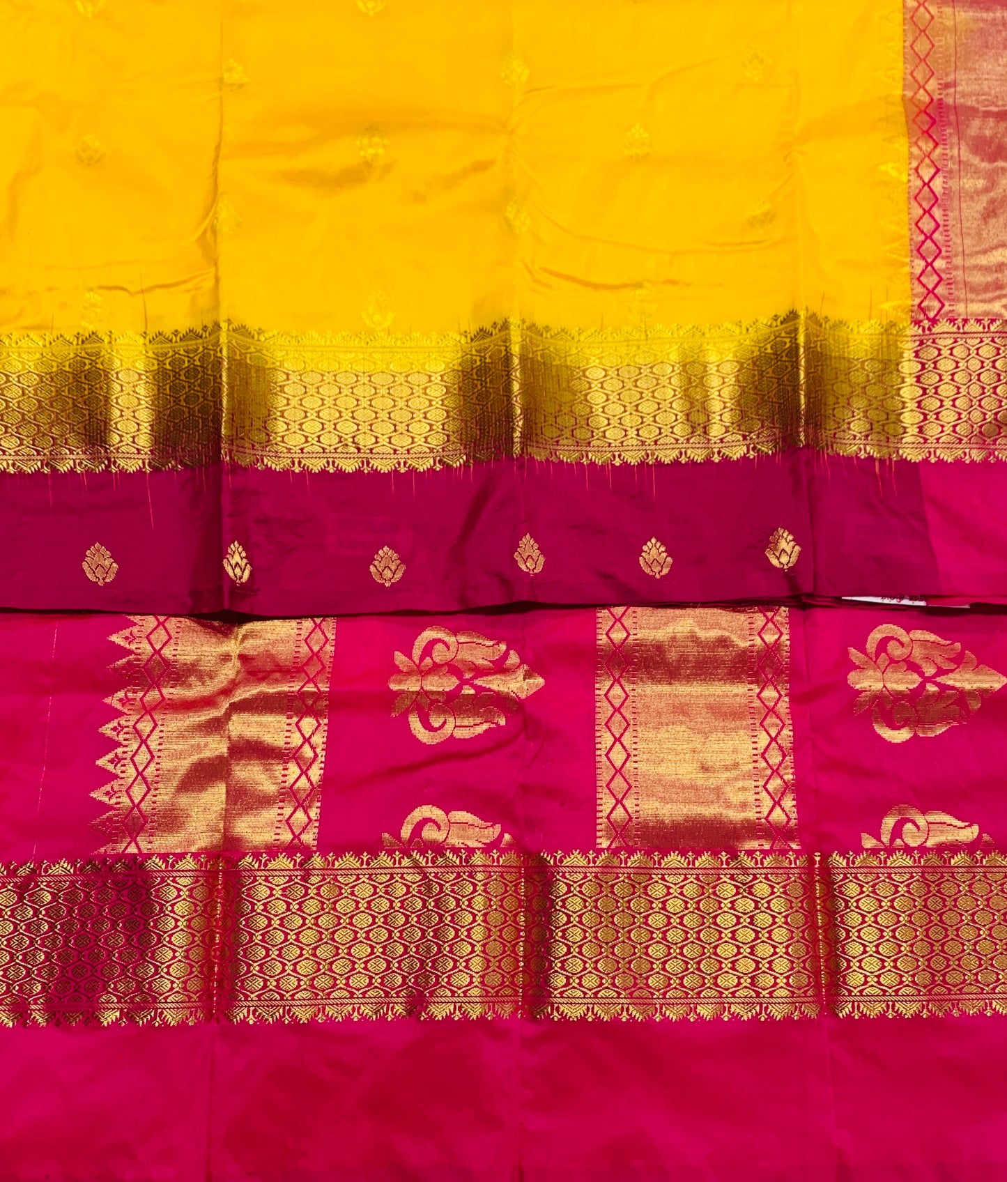 Pure Kanchipuram Silk Yellow Colour with Pink Border