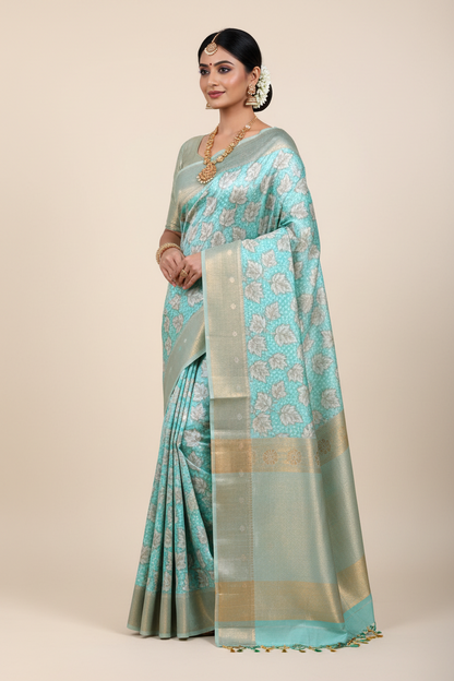Banaras Katan Saree Sapphire Colour with Katan Work Border
