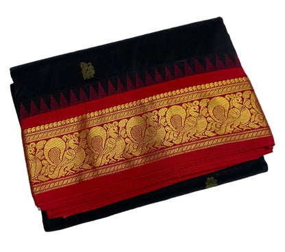 9 yards Pure Kanchipuram Silk Saree Block Colour With Red Border