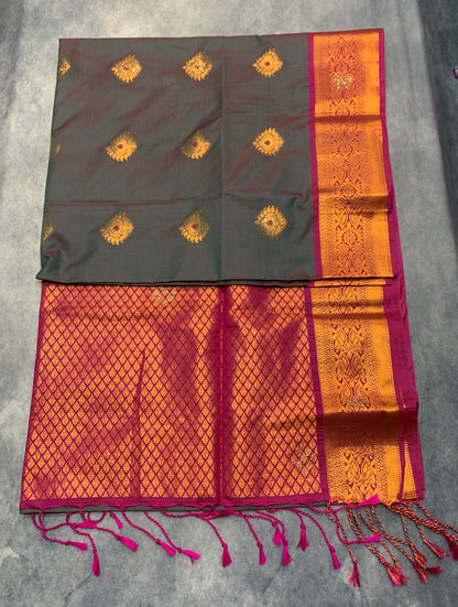 Soft Vegan Silk Saree Grey Colour with Pink and Copper Border