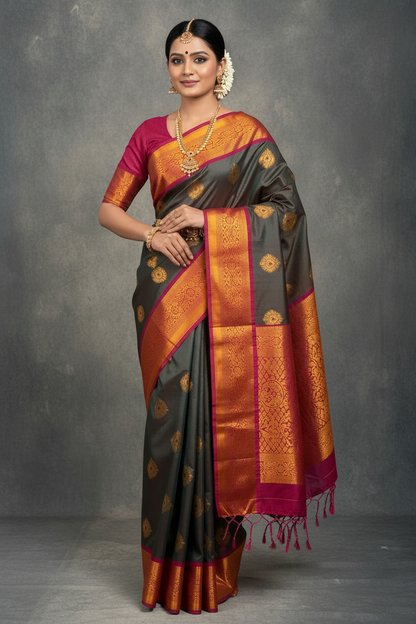 Soft Vegan Silk Saree Grey Colour with Pink and Copper Border