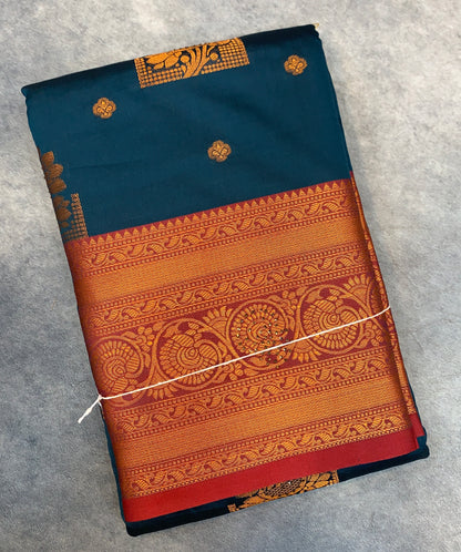 Soft Silk Casual Saree Dark Blue Colour with Maroon and Golden Colour Border