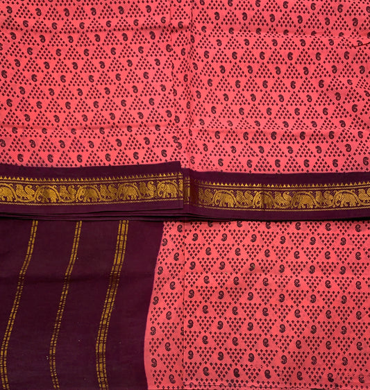 Chettinad Sungudi Cotton Peach Pink Colour with Brown Border