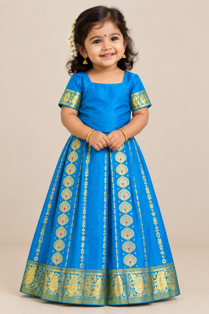 Sky Blue Shade Semi silk Kids Pattu Pavadai with Contrast border for age 5 to 10