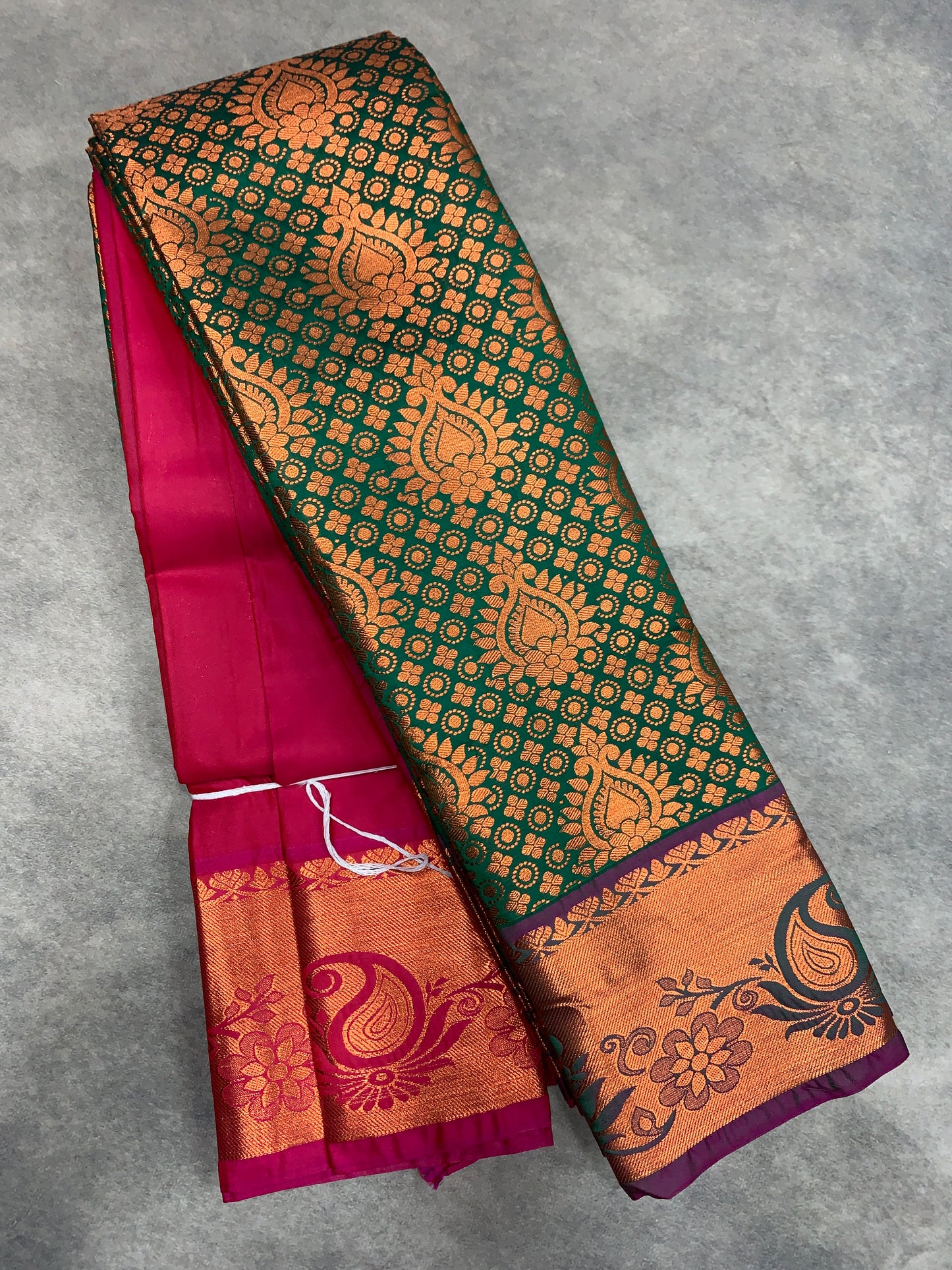 Vegan Silk Saree Green Colour with Magenta and Copper Border