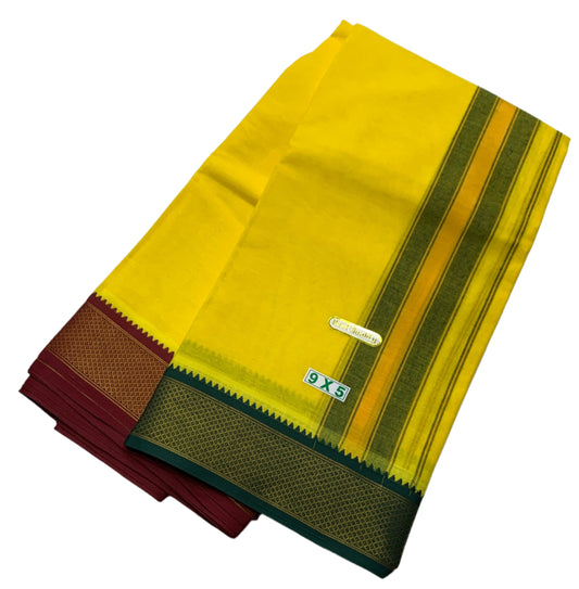 9X5 Cotton Dhoti Yellow Green and Maroon Zari Border with Angavastram