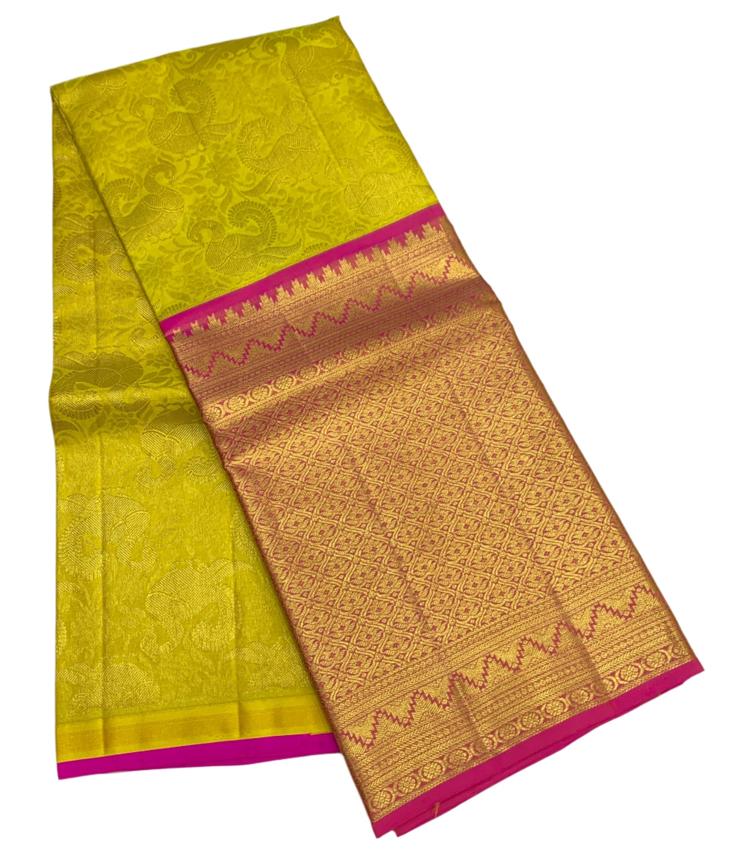 Yellow Shade Pure Kanchipuram Kids Pattu Pavadai with Contrast Border for Age Above 10 Years