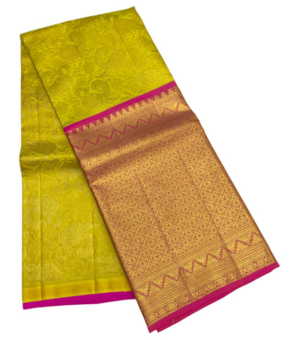Yellow Shade Pure Kanchipuram Kids Pattu Pavadai with Contrast Border for Age Above 10 Years