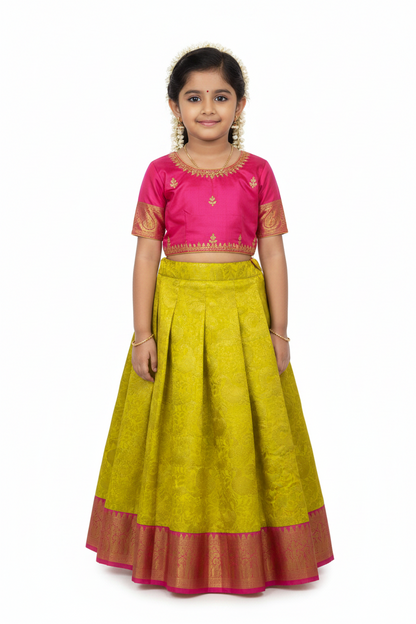 Yellow Shade Pure Kanchipuram Kids Pattu Pavadai with Contrast Border for Age Above 10 Years