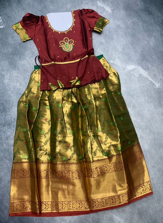 Ready To Wear Golden Green Pavadai with Contrast Brown Blouse