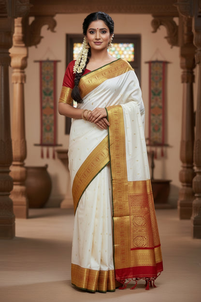 Pure Kanchipuram Silk Off White Colour with Red and Golden Zari Border