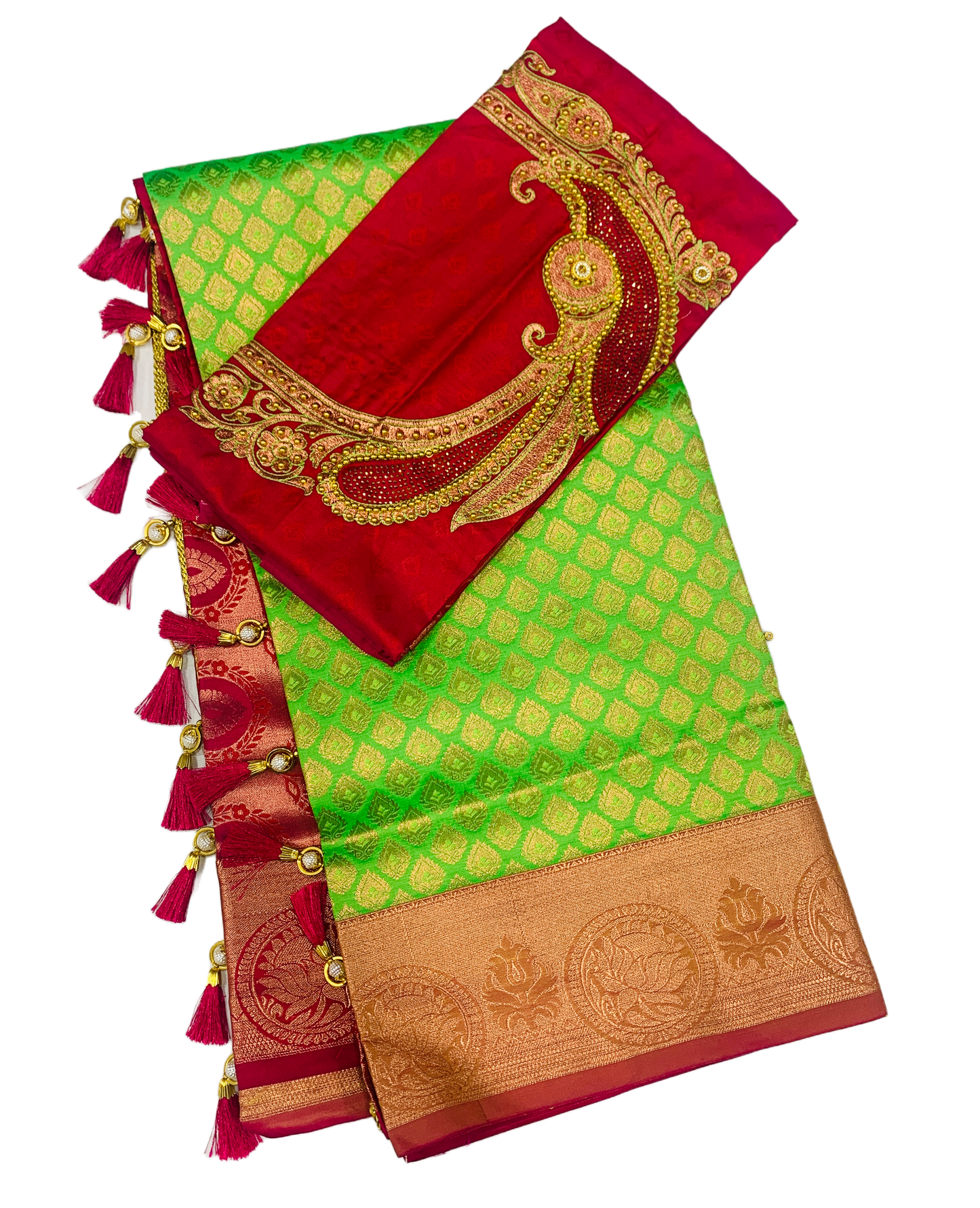 Bridal Vegan Silk Saree Apple Green shade with Copper Border with Unstitched blouse in Aari work