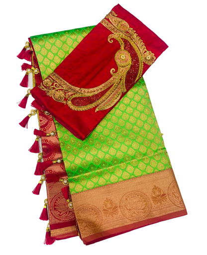 Bridal Vegan Silk Saree Apple Green shade with Copper Border with Unstitched blouse in Aari work