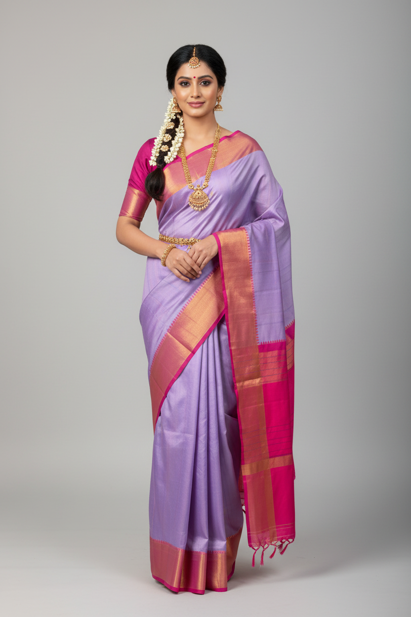 Arani Silk Saree Blue Colour with Pink and Golden Zari Border