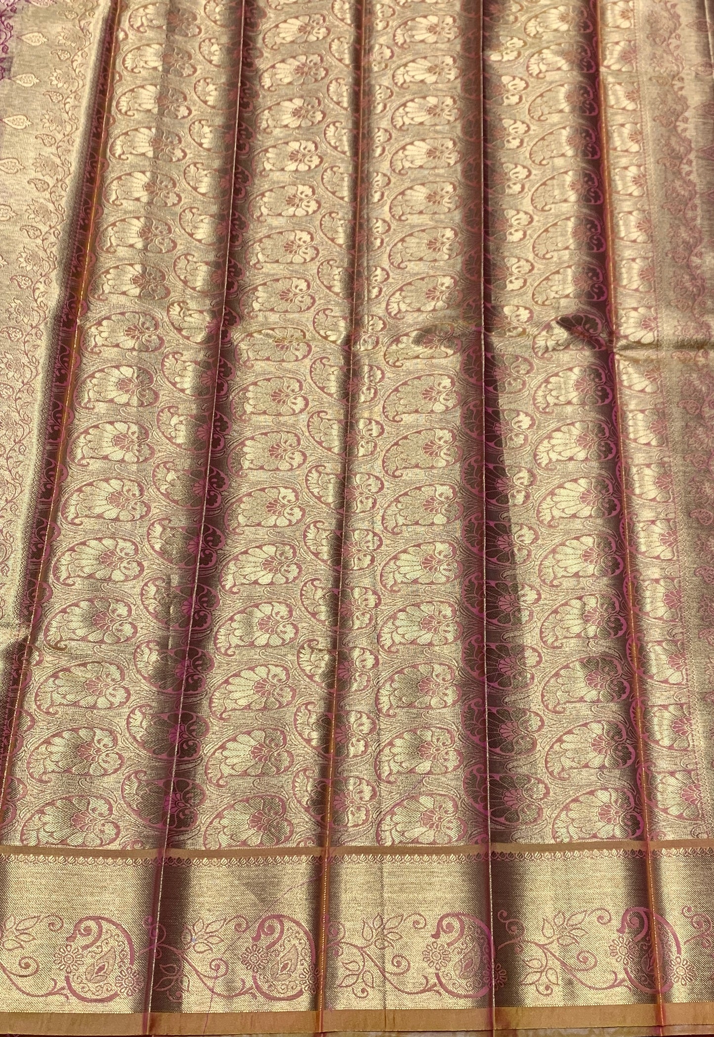 Vegan Silk Saree Pink Colour with Golden Yellow and Copper Border
