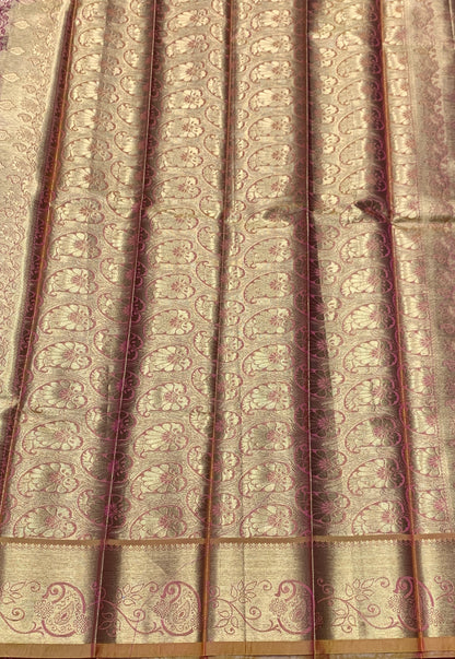Vegan Silk Saree Pink Colour with Golden Yellow and Copper Border