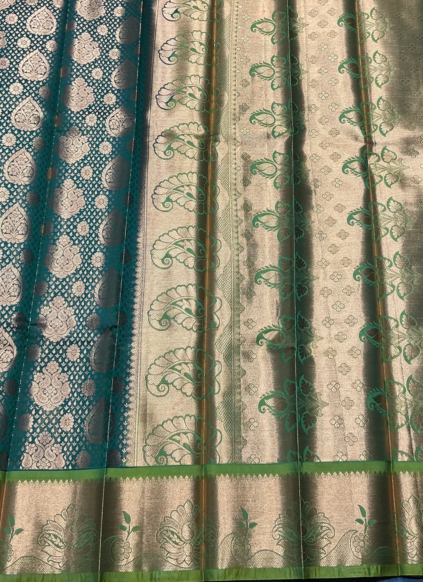 Vegan Silk Saree Light Green Colour with Copper and Olive Green Border