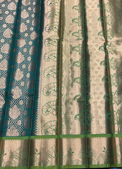 Vegan Silk Saree Light Green Colour with Copper and Olive Green Border