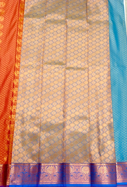 Vegan Silk Saree Brownish Orange shade with Copper with flower design.