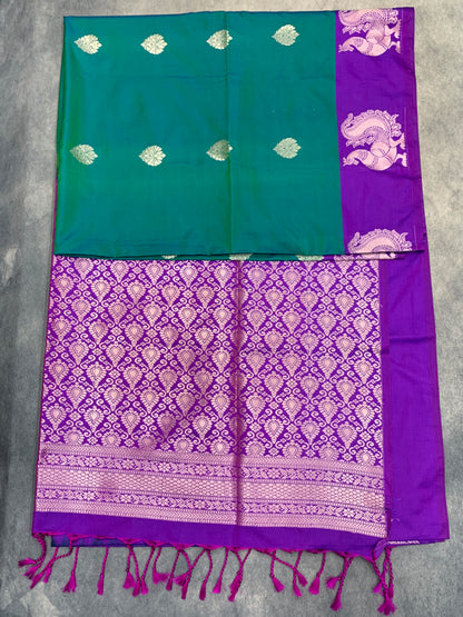 Art Silk Saree Peacock Green Colour with Purple Colour Border