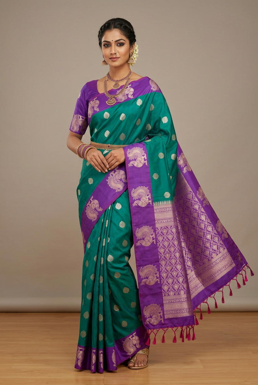 Art Silk Saree Peacock Green Colour with Purple Colour Border
