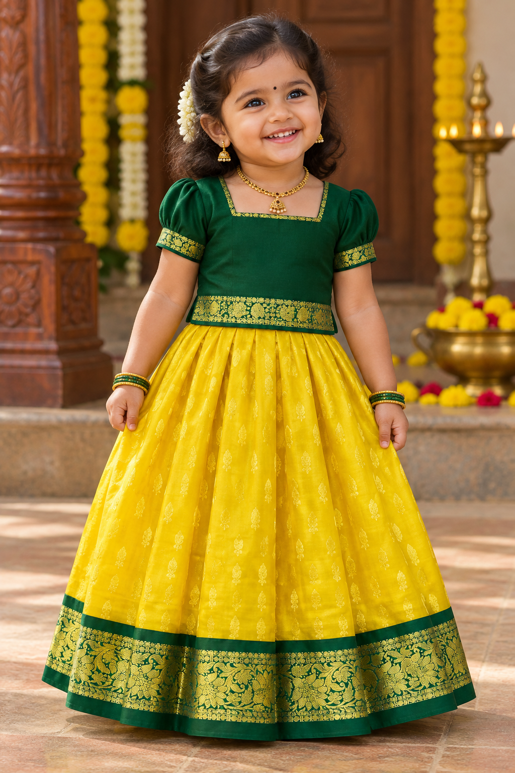 Lemon Yellow Shade Pure Kanchipuram Kids Pattu Pavadai with Contrast Border for Newborn to 2 Years
