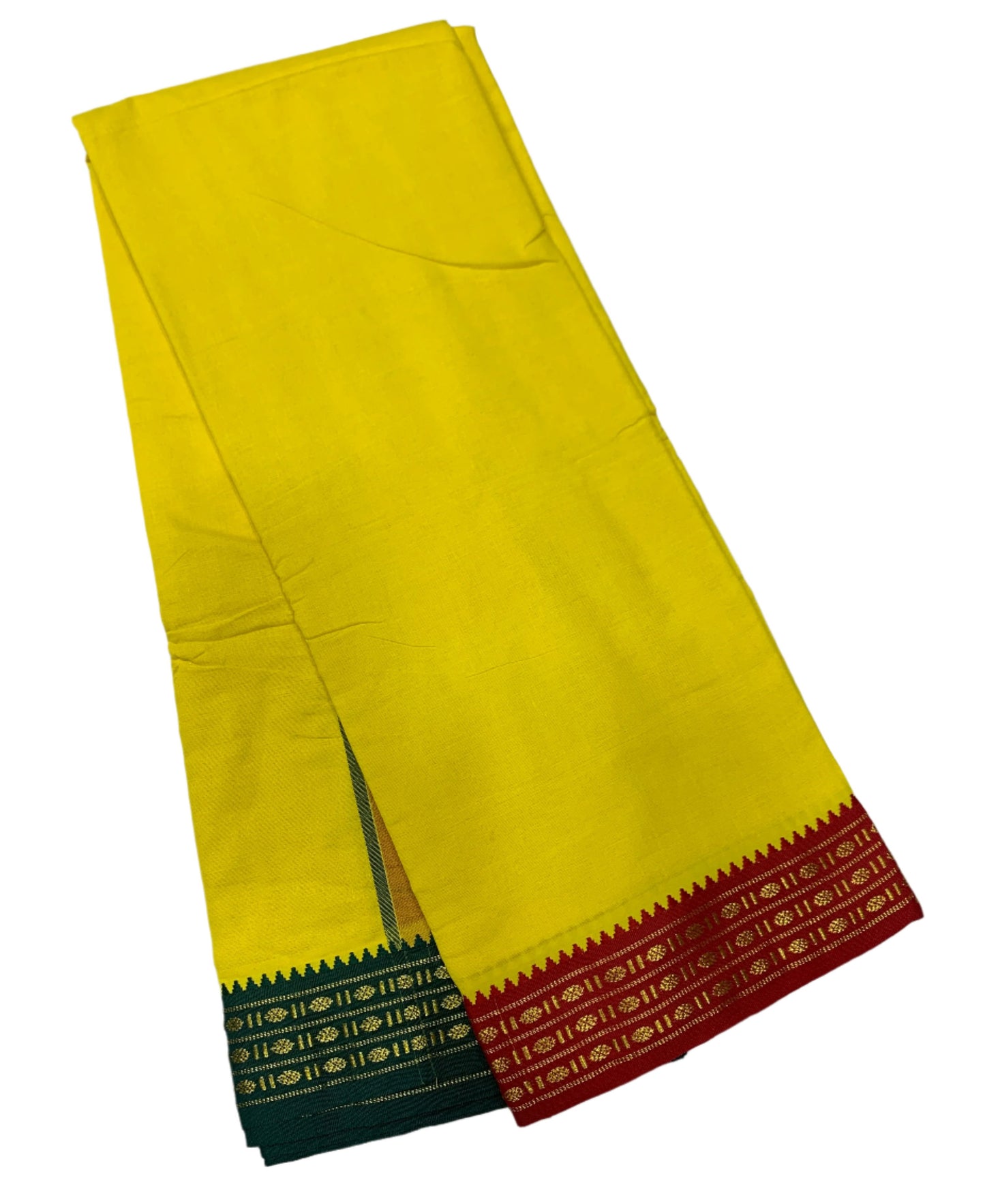 9X5 Cotton Dhoti Yellow Colour with Red and Green Border