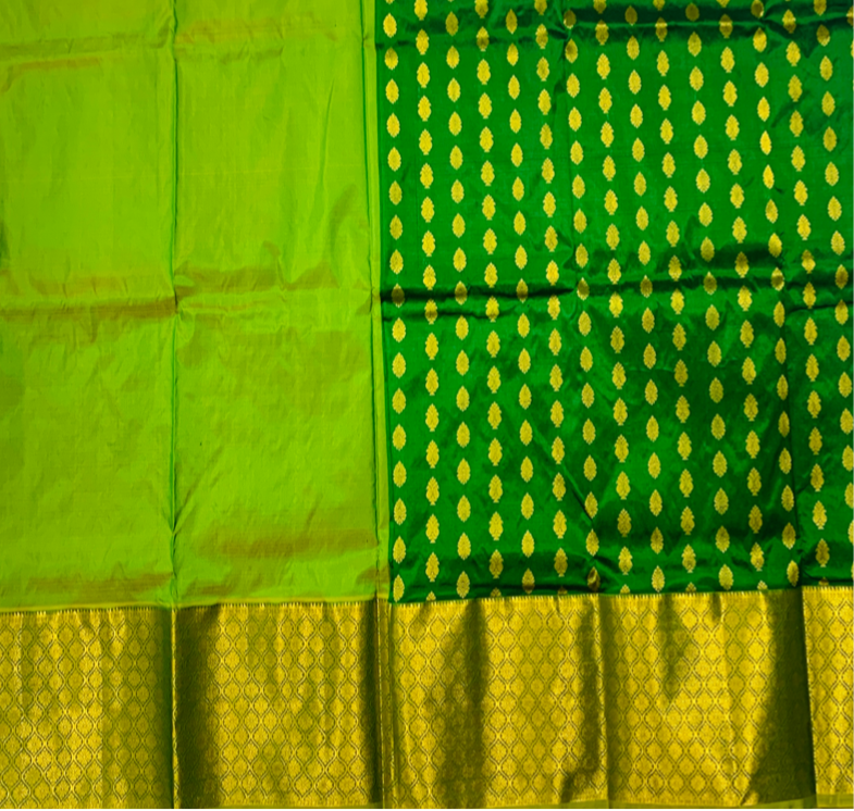 Green shade Pure Kanchipuram Kids Pattu Pavadai with contrast border for age 5 to 10