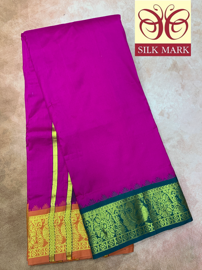 9X5 Pure Silk Dhoti Pink Colour with Green and Orange Ganga Jamuna Border