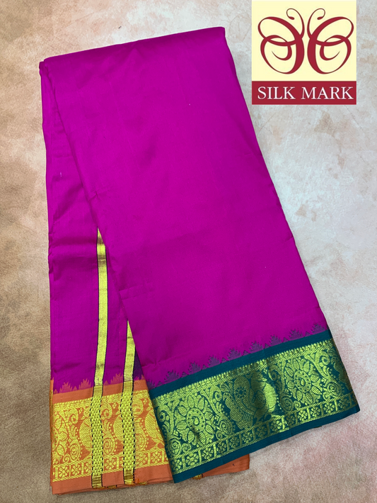 9X5 Pure Silk Dhoti Pink Colour with Green and Orange Ganga Jamuna Border