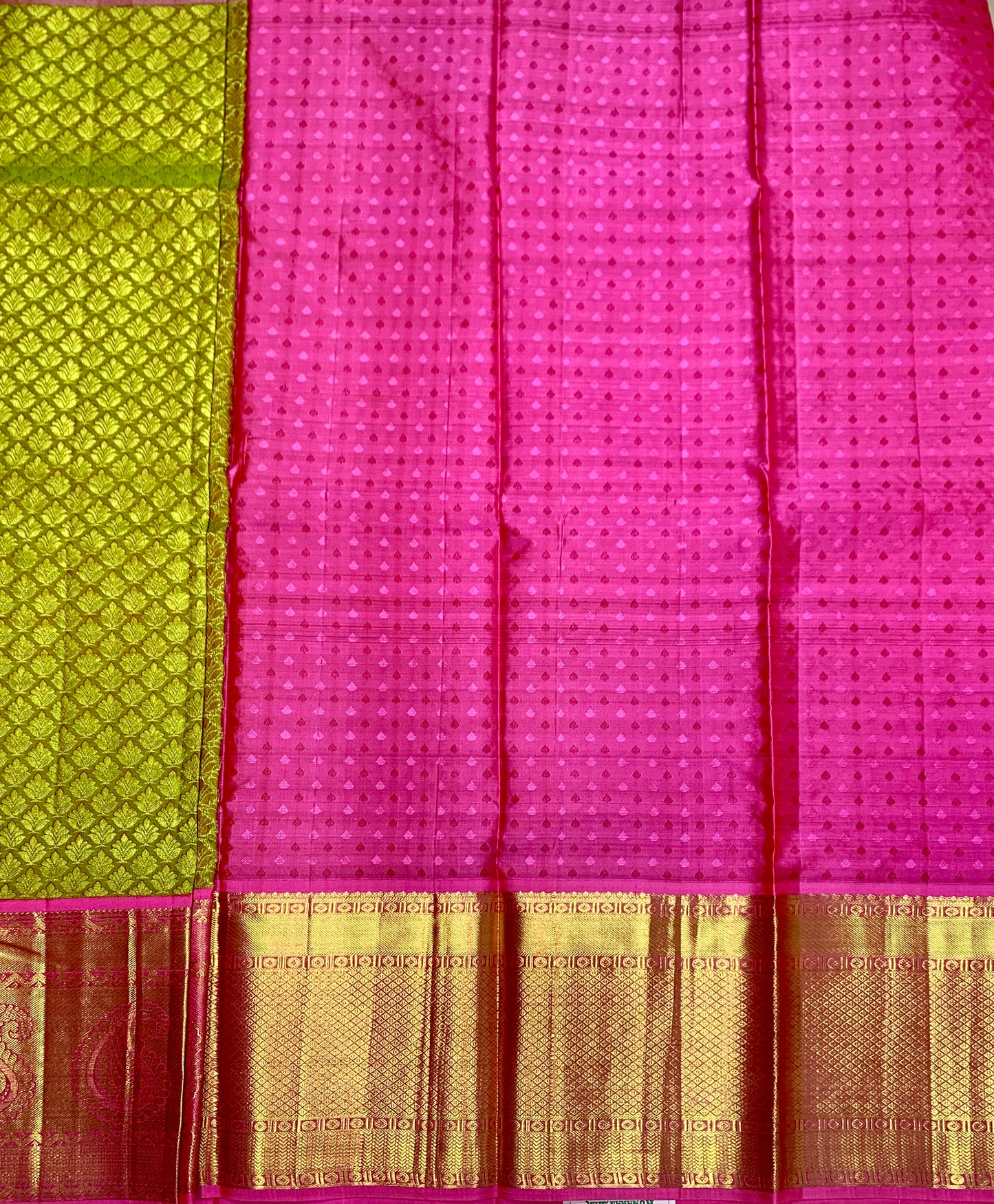 Parrot Green shade Pure Kanchipuram Kids Pattu Pavadai with contrast border for age 5 to 10