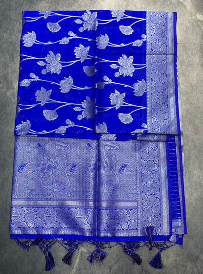 Soft Silk Casual Saree Ink Blue Colour with Sliver Colour Border
