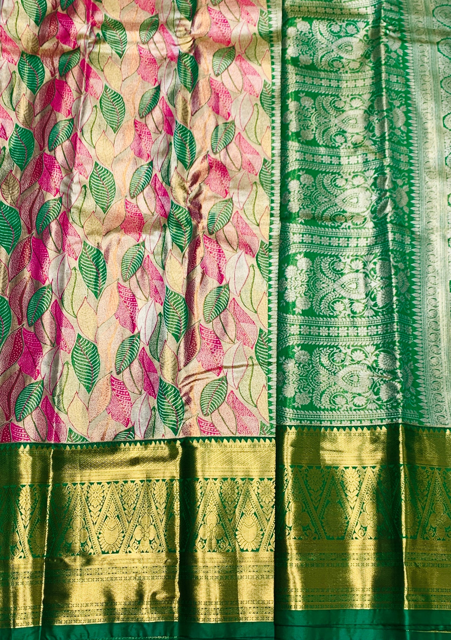 Pink & Green Leaf Soft Kanchi Tissue Pattu Saree with Green border