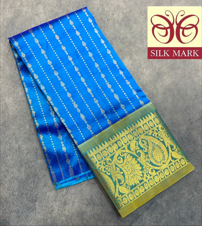 Sky Blue Shade Pure Kanchipuram Kids Pattu Pavadai with Contrast Border for Newborn to 2 Years