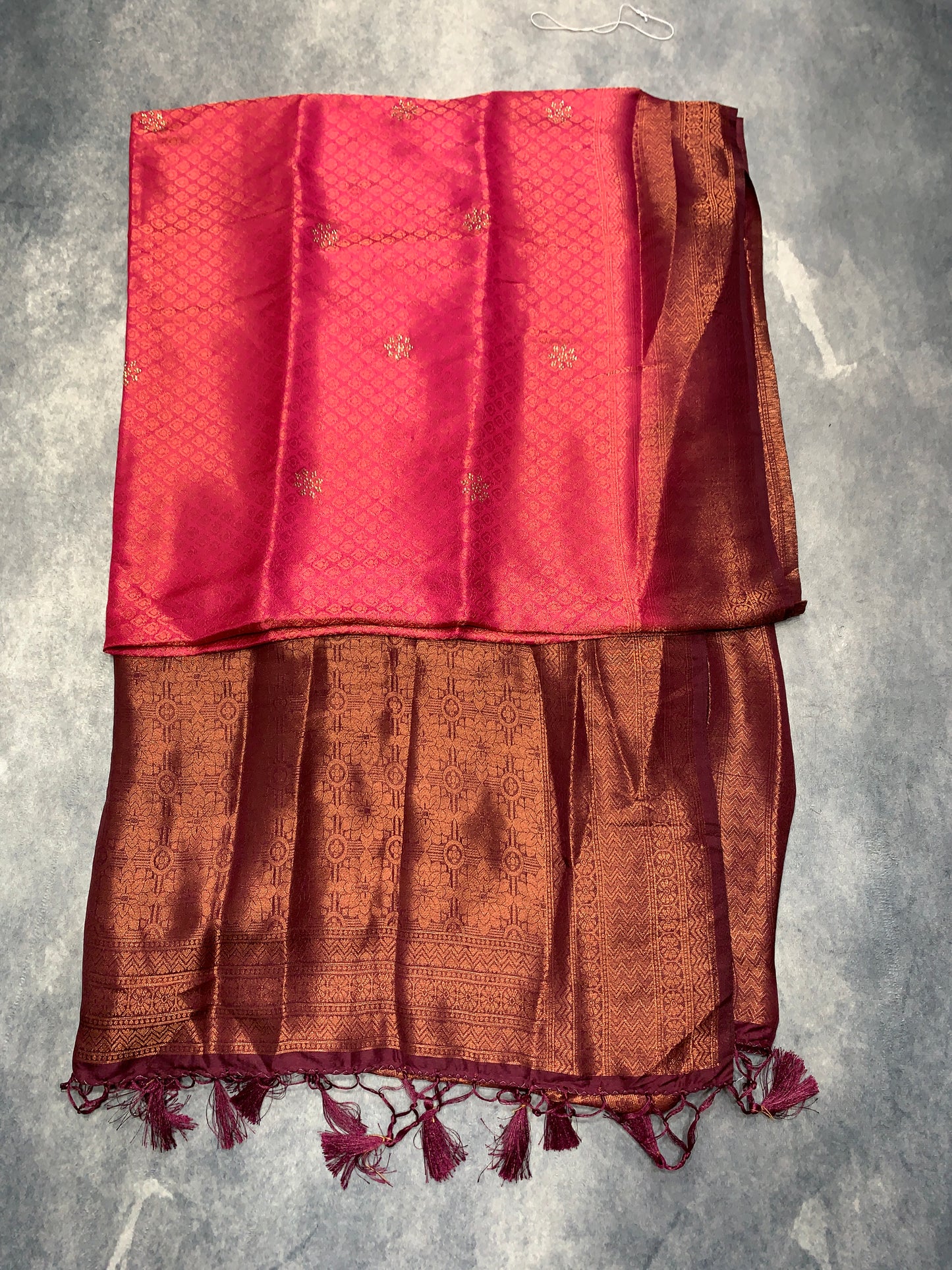 Soft Silk Saree Tomato Pink Colour and Stone Work with Brown Colour Pallu