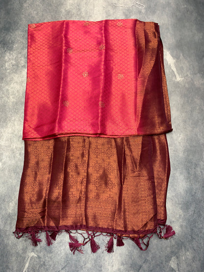 Soft Silk Saree Tomato Pink Colour and Stone Work with Brown Colour Pallu