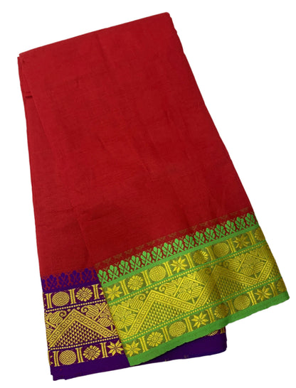 9X5 Cotton Dhoti Red Colour with Green and Blue Border