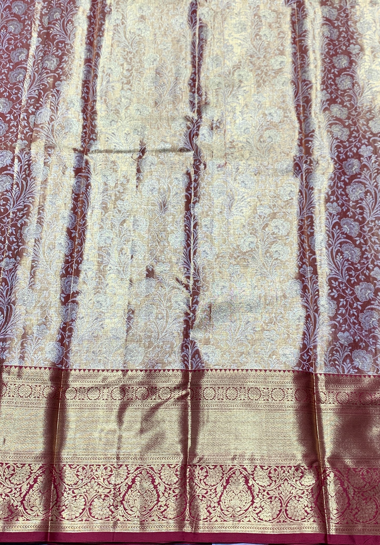 Golden and Sliver Shade Soft Kanchi Tissue Pattu Saree with Large Maroon Border