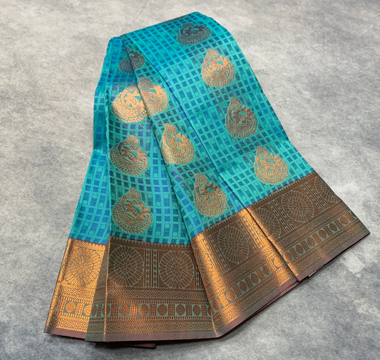 Vegan Silk Saree Sapphire Colour with Golden Floral Border