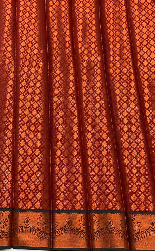 Vegan Silk Saree Maroon Colour with Copper and Green Border